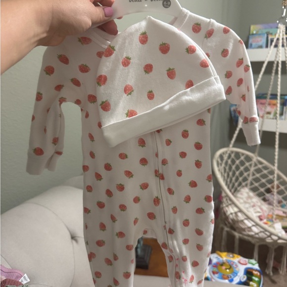 Strawberry Print Kids One Piece and Hat Set